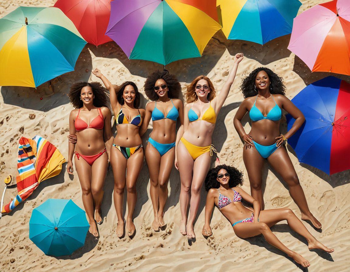 A vibrant beach scene showcasing diverse women of different body types confidently wearing trendy swimwear essentials. Include colorful beach umbrellas, sun-kissed sand, and playful waves in the background. Emphasize a sense of empowerment and enjoyment as they embrace summer vibes. Capture the essence of summer with bright colors and cheerful expressions. super-realistic. vibrant colors. 3D.