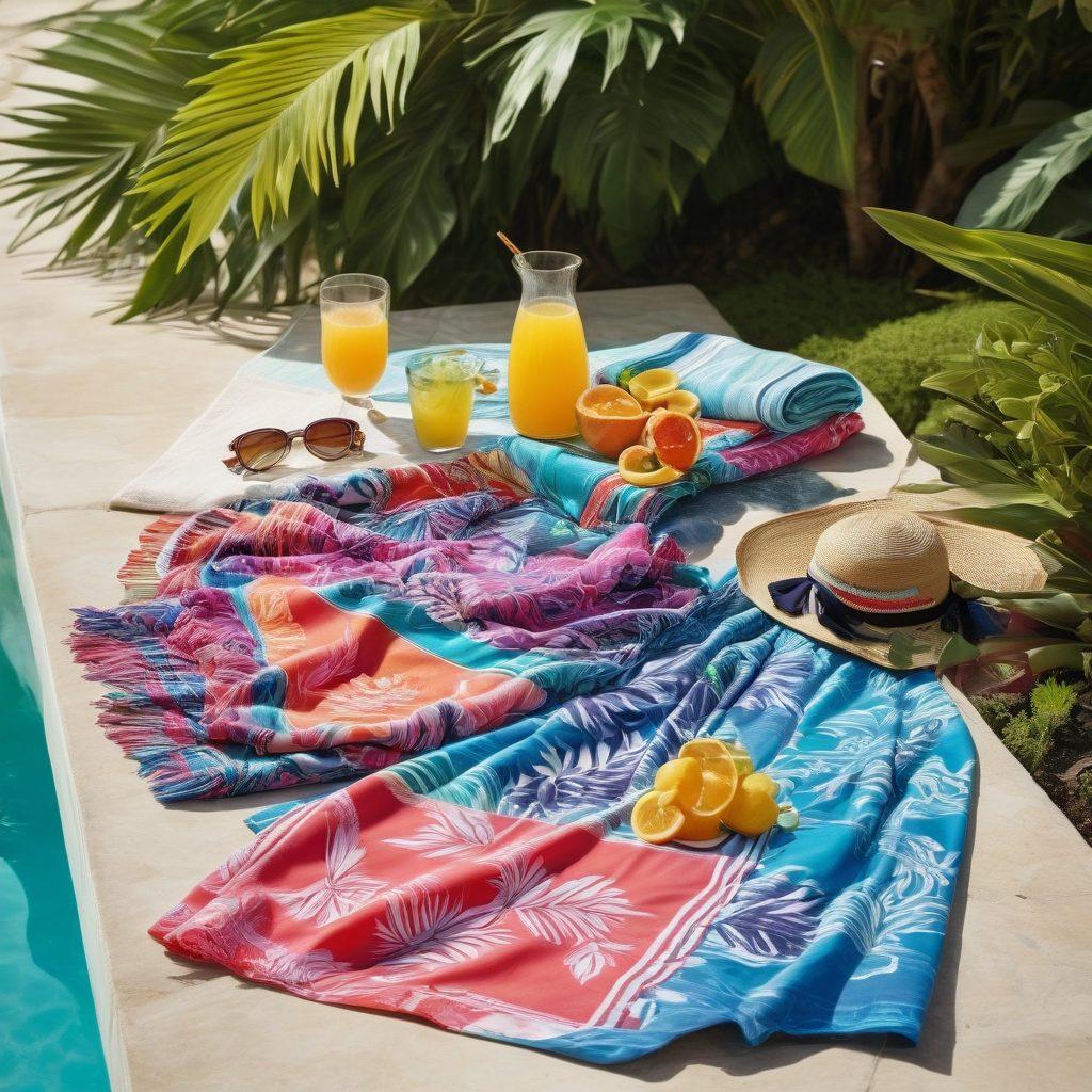 A stylish beach scene featuring a diverse array of fashionable swimwear, including chic bikinis and elegant one-pieces, arranged alongside colorful beach towels and oversized sunglasses. Set against a sunny poolside with tropical plants and a refreshing drink on a table, embodying a luxurious summer vibe. Emphasize bold patterns and vibrant colors to reflect current swimwear trends. super-realistic. vibrant colors. summer ambiance.